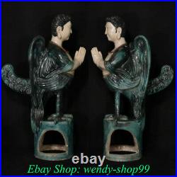 34China Chai Kiln Porcelain Redpoll Winged Garuda Bird Eagle Buddha Statue Pair