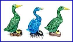 3 Antique Chinese Faience Export Celadon Porcelain Ducks Bird Figurine 4.5 Inch