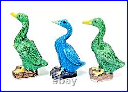 3 Antique Chinese Faience Export Celadon Porcelain Ducks Bird Figurine 4.5 Inch