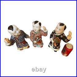 3 Antique Chinese Laughing Boys Republic Period Porcelain Statues Hand Painted