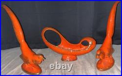 3 Pieces California Pottery PHOENIX Bird Figurines withdish Orange Glaze/Gold Trim 3 Pieces California Pottery PHOENIX Bird Figurines withdish Orange Glaze/Gold Trim