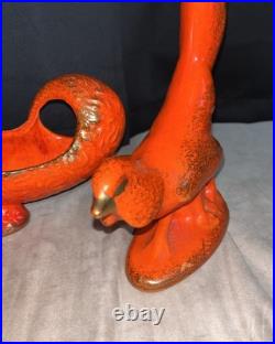 3 Pieces California Pottery PHOENIX Bird Figurines withdish Orange Glaze/Gold Trim