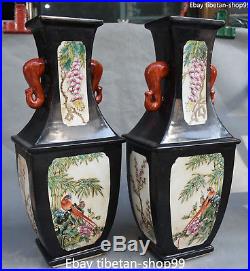 44CM China Porcelain Ancient Bamboo Magpie Birds Flower Vase Bottle Pair Statue