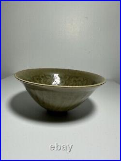 4.3inch Chinese Song Porcelain Yao State Kiln Green Glaze Flower Bird Bowl