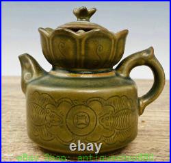 4.9'' Song Dynasty Yue Kiln Porcelain Bat Coin Wine Bird Tea Pot Flagon Statue