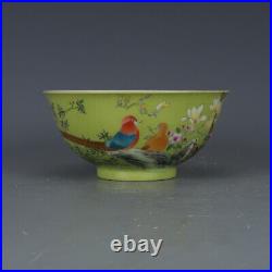 5.7 Chinese Green Glaze Porcelain Famille Rose Flowers Birds Ornament Bowl