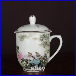 5.9China Famille Rose Porcelain Hand Painting Bird Bamboo Peony Lid Cup