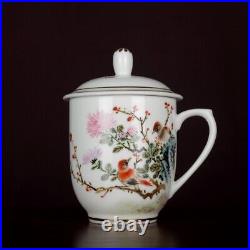 5.9China Famille Rose Porcelain Hand Painting Chrysanthemum Bird Lid Cup