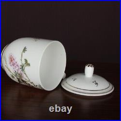 5.9China Famille Rose Porcelain Hand Painting Magpie Bird Peach Blossom Lid Cup