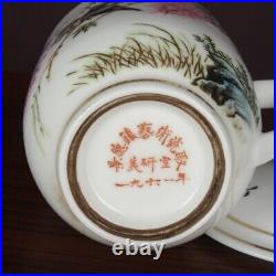 5.9China Famille Rose Porcelain Hand Painting Magpie Bird Peach Blossom Lid Cup