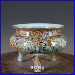 5.9China Ruyao Famille Rose Porcelain Gild Flower Bird Tripodia Incense Burner9