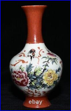 6.3'' Old China Famille Rose Porcelain Peony Flower Bird Peach Bottle Vase