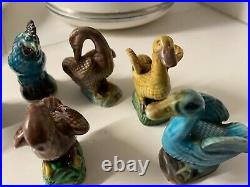 6 Antique Chinese Faience Export Blue Porcelain Rooster Duck Geese Bird Figurine