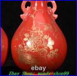 6 Qianlong Marked Red Glaze Porcelain Gilt Peony Flower Bird Bottle Vase Pair