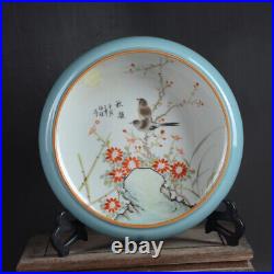 7.1 Chinese Porcelain Hand Painting Blue Glaze Plum Blossom Bird Brush Washer