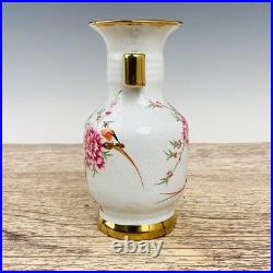 7.3Antique Song dynasty Porcelain ru kiln mark gilt flower bird double ear vase