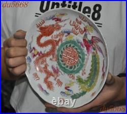 7.4China wucai porcelain Feng Shui dragon loong Phoenix bird plate dish statue