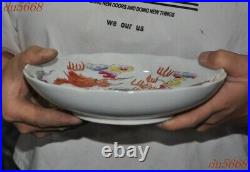 7.4China wucai porcelain Feng Shui dragon loong Phoenix bird plate dish statue