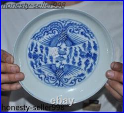 7.6'' Marked Chinese dynasty Blue&white porcelain Phoenix bird statue plate dish