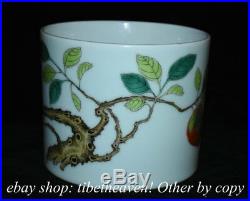 7.6 Marked Wucai Porcelain Peach Bird Brush Pot Pencil Vase Dynasty China