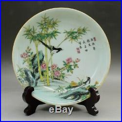 7.9China Colour Enamels Porcelain Flowers Birds Bamboo Grove Round Plate Statue