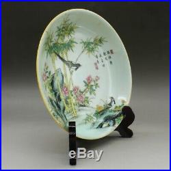 7.9China Colour Enamels Porcelain Flowers Birds Bamboo Grove Round Plate Statue