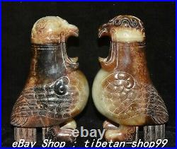 7'' China Natural Hetian Old Jade Hand Carved Animal bird Owl Vase Pair