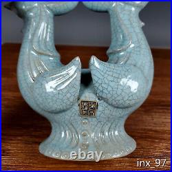 7 China antique porcelain Song Ru Kiln Blue Glazed Bird Lampstand Ornament