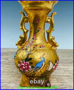 7 Old China Dynasty Ru Kiln Famille Rose Porcelain Gilt Flower Bird Vase Bottle
