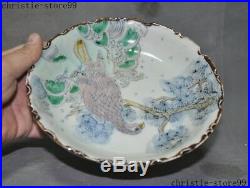 8Antique old Chinese Wucai porcelain bird pine statue Dish Plate Tray Salver