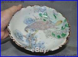 8Antique old Chinese Wucai porcelain bird pine statue Dish Plate Tray Salver