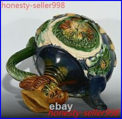 8China Ancient tangsancai Pottery porcelain bird head flowers grain flagon pot