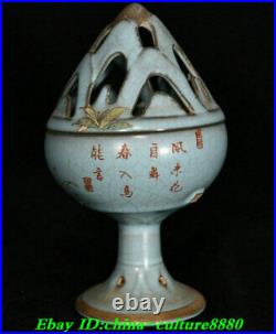 8Old China Ru Kiln Porcelain Fengshui Shou Tao verse Incense Burner Censer