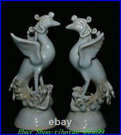 8.2'' Old Chinese Dynasty Ru Kiln Porcelain Feng Shui Phoenix Bird Statue Pair