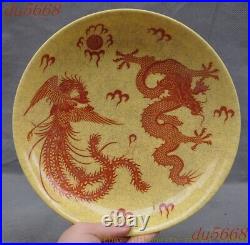 8.4China wucai porcelain Feng Shui Lucky dragon Phoenix bird plate dish statue
