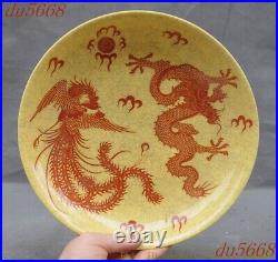 8.4China wucai porcelain Feng Shui Lucky dragon Phoenix bird plate dish statue