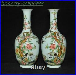8.4'' Marked Chinese porcelain Enamel Peony bird statue Zun Bottle Pot Vase pair