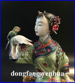 8.4 Wucai Porcelain Pottery Seat Belle Girl Lady Bird Lucky Happy Flower Statue
