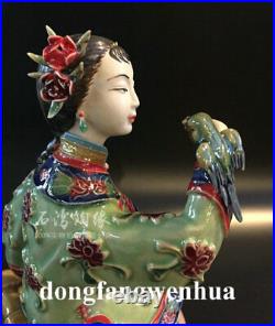 8.4 Wucai Porcelain Pottery Seat Belle Girl Lady Bird Lucky Happy Flower Statue
