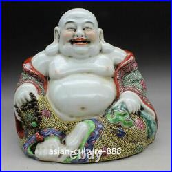 8 China Buddhism Famille-rose Porcelain Sit Happy Laugh Maitreya Buddha Statue