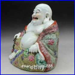8 China Buddhism Famille-rose Porcelain Sit Happy Laugh Maitreya Buddha Statue