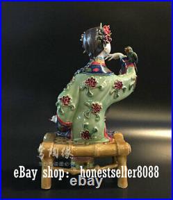 8 China Wucai porcelain Pottery Beauty Belle Women Lady Bird Happy Lucky Statue