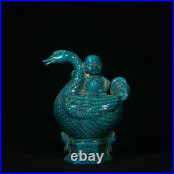 9.1 China Antique Porcelain song dynasty blue glaze Ice crack child bird Statue