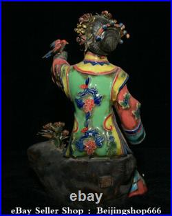 9.2 Marked Chinese Wucai Pottery Porcelain Dynasty Beauty Flower Bird Statue