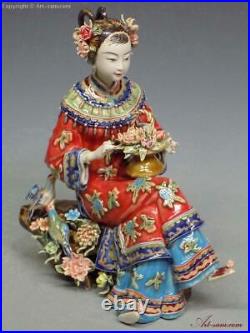 9 China Shiwan Wucai Porcelain Ceramic Belle Women Birds Flowers Lady Figurine