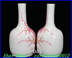 9 DaQing Qianlong Marked Carmine Porcelain Plum bossom Bird Vase Bottle Pair