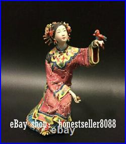 9 Wucai Porcelain Pottery Ancient Belle Women Lady Girl Hold Bird Happy Statue