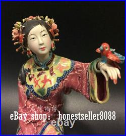 9 Wucai Porcelain Pottery Ancient Belle Women Lady Girl Hold Bird Happy Statue