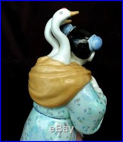 ANTIQUE CHINESE FIGURE PORCELAIN STATUE Girl w Goose Birds marked signed