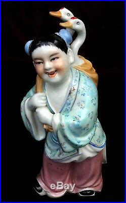 ANTIQUE CHINESE FIGURE PORCELAIN STATUE Girl w Goose Birds marked signed